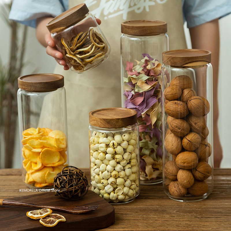 Food Storage Jars With Wooden Lids - غطاء خشبي زجاجي محكم علبة المطبخ