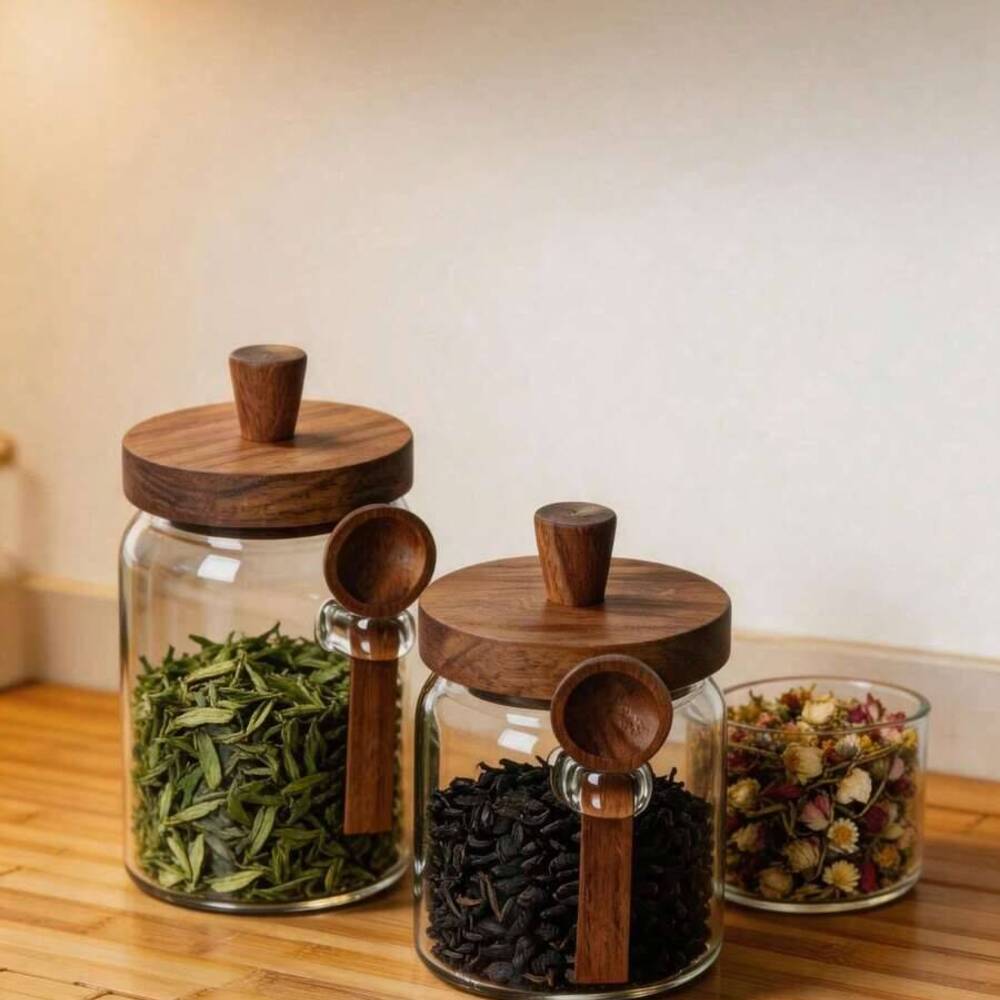 Food Storage Jars With Wooden Lids - مجموعة من 3 قطع من الأوعية