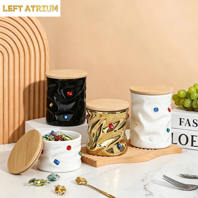 Food Storage Jars With Wooden Lids - وعاء سيراميك مزخرف بأحجار كريمة مع