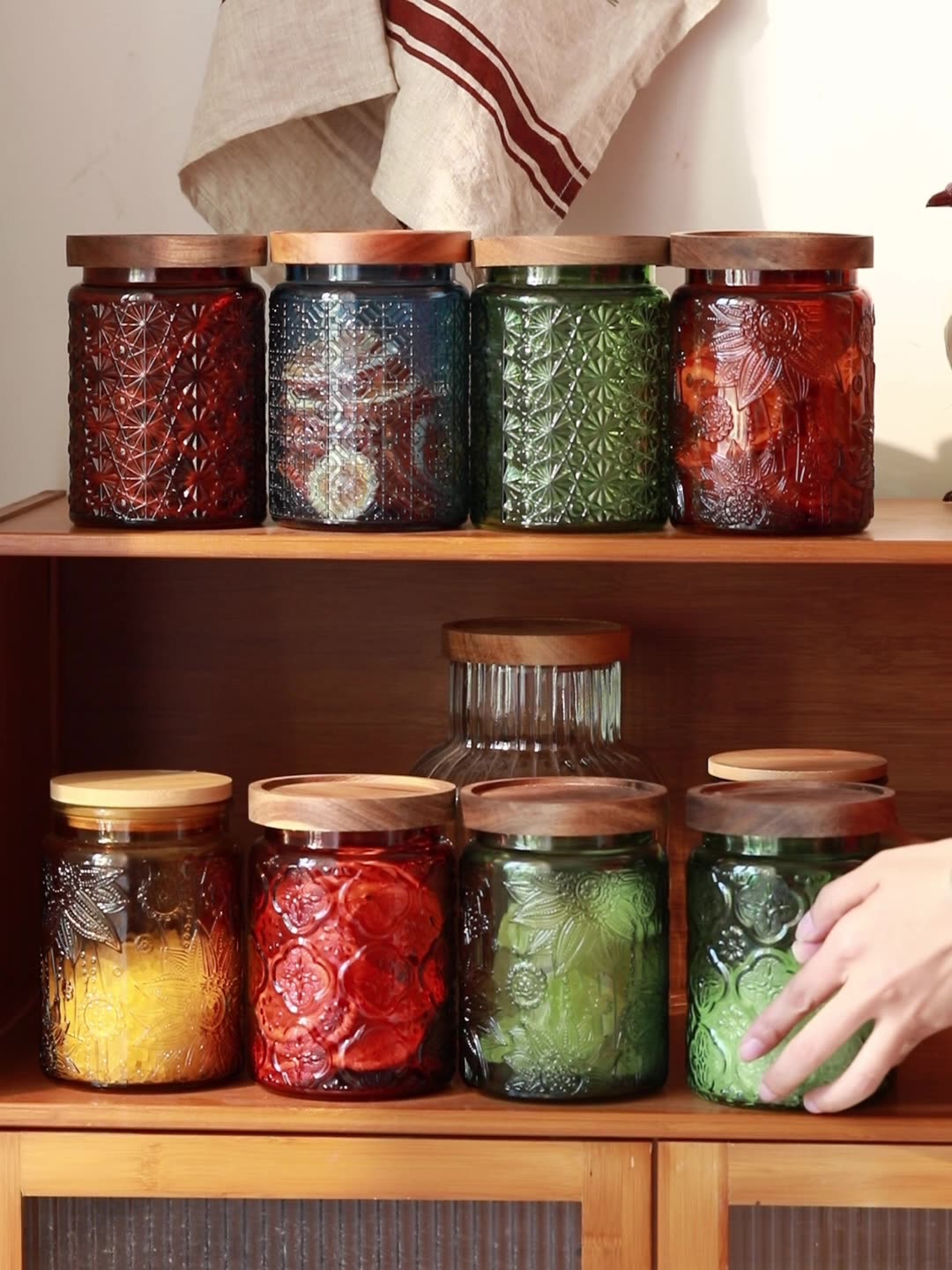 Food Storage In Pantry - برطمان تخزين زجاجي بغطاء خشبي ،