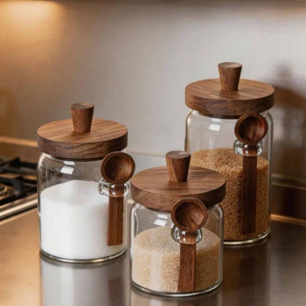 مجموعة من 3 قطع من الأوعية الز - مراجعة Food Storage Jars With Wooden Lids وسعره